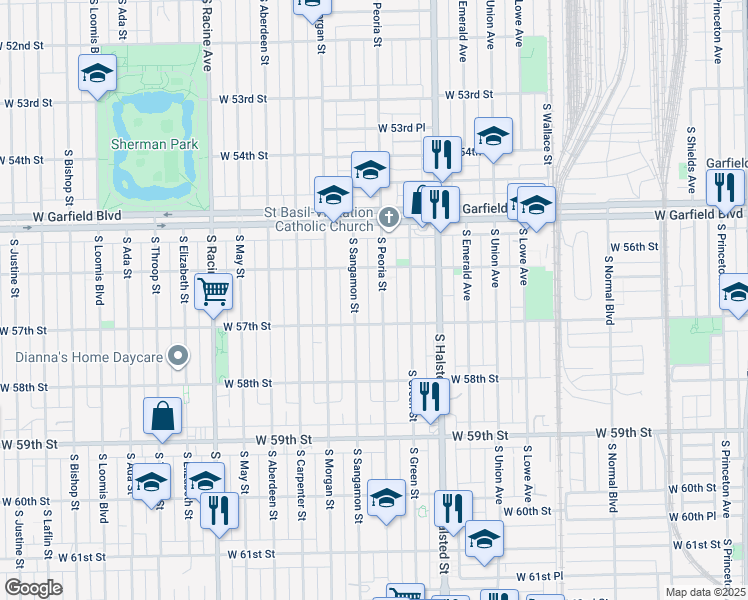 map of restaurants, bars, coffee shops, grocery stores, and more near 5632 South Peoria Street in Chicago
