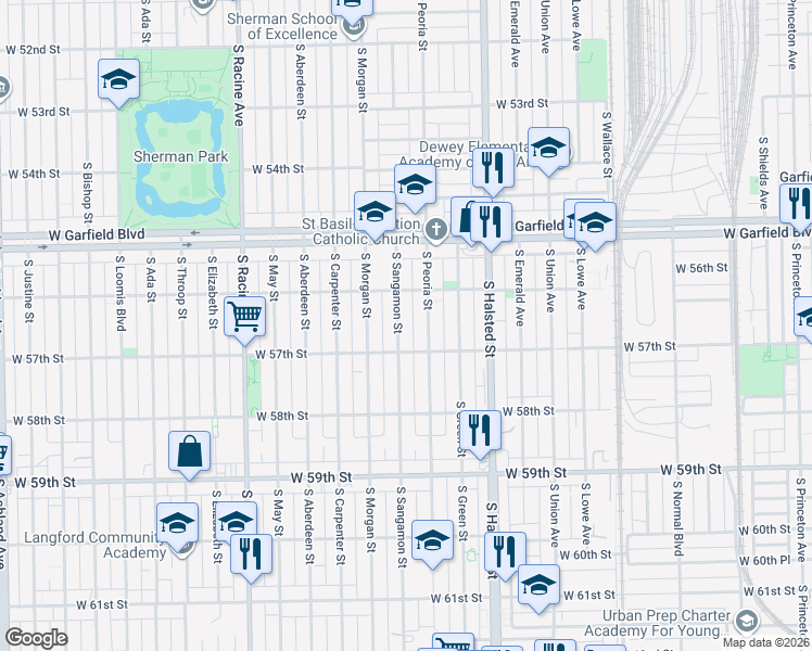 map of restaurants, bars, coffee shops, grocery stores, and more near 5632 South Peoria Street in Chicago
