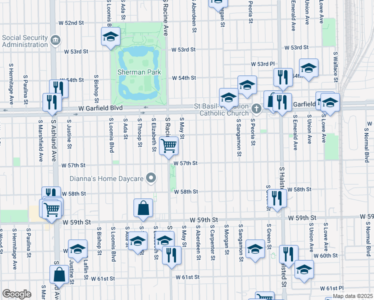 map of restaurants, bars, coffee shops, grocery stores, and more near 5628 South Aberdeen Street in Chicago