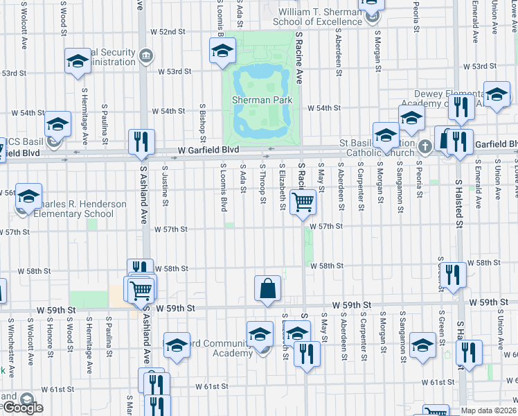 map of restaurants, bars, coffee shops, grocery stores, and more near 5627 South Throop Street in Chicago