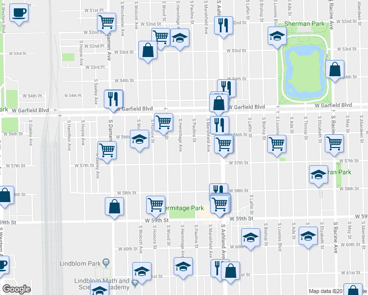 map of restaurants, bars, coffee shops, grocery stores, and more near 5620 South Paulina Street in Chicago