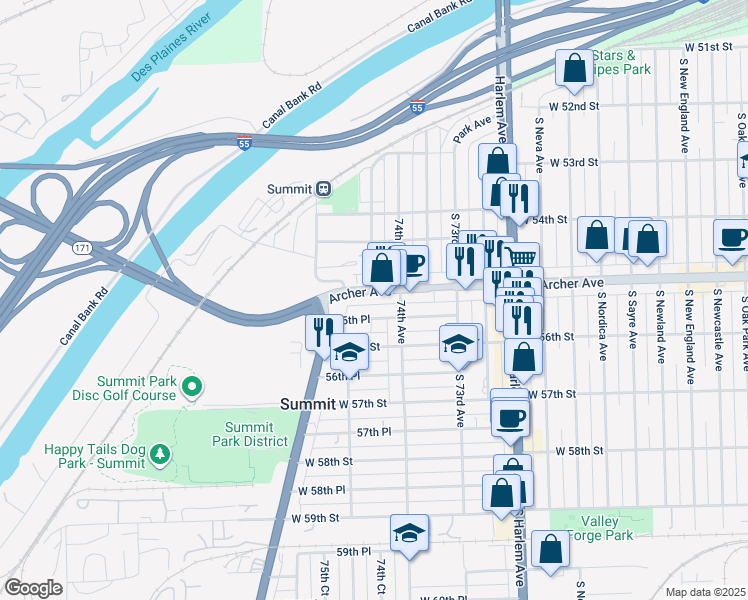 map of restaurants, bars, coffee shops, grocery stores, and more near 7409 West Archer Avenue in Summit