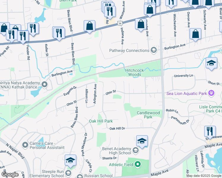 map of restaurants, bars, coffee shops, grocery stores, and more near 2352 Ohio Street in Lisle