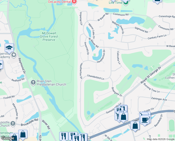 map of restaurants, bars, coffee shops, grocery stores, and more near 1126 Kings Point Court in Naperville