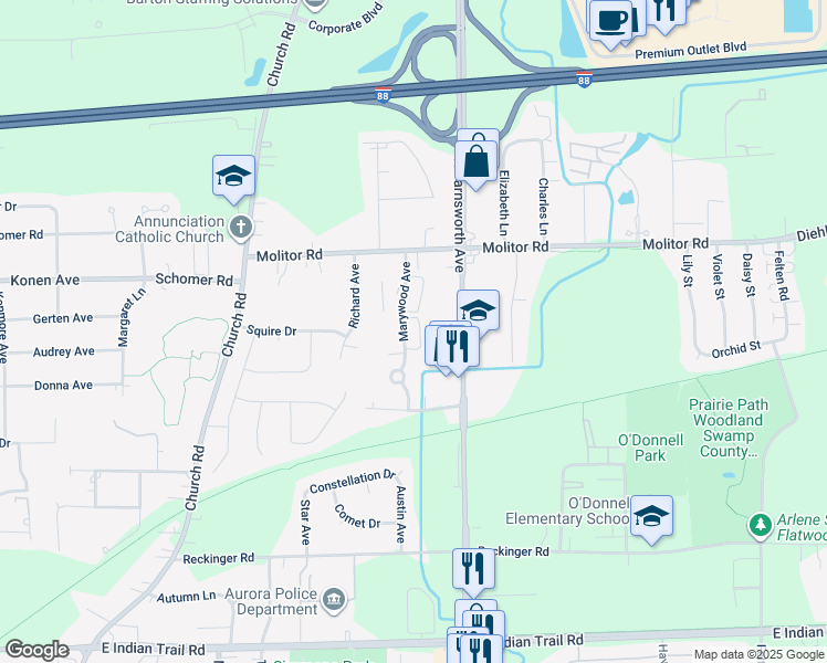map of restaurants, bars, coffee shops, grocery stores, and more near 1675 North Marywood Avenue in Aurora