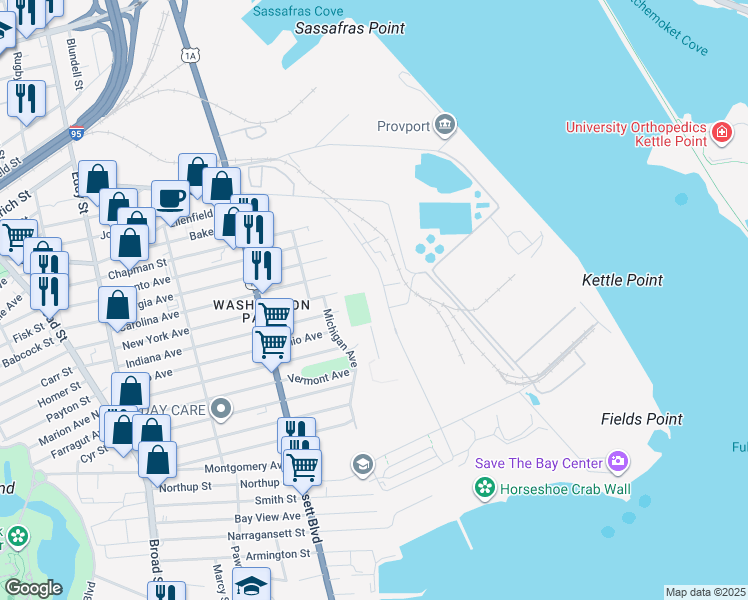 map of restaurants, bars, coffee shops, grocery stores, and more near 55 Shipyard Street in Providence