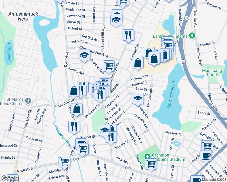 map of restaurants, bars, coffee shops, grocery stores, and more near 10 Howard Street in Cranston
