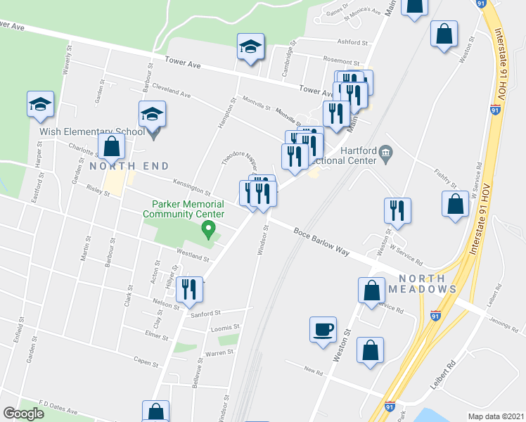 map of restaurants, bars, coffee shops, grocery stores, and more near 2790 Main Street in Hartford