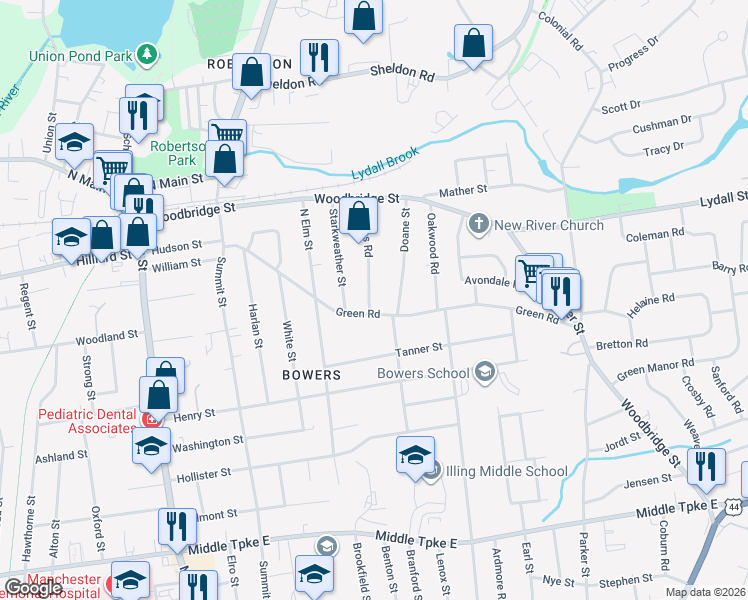 map of restaurants, bars, coffee shops, grocery stores, and more near 93 Phelps Road in Manchester