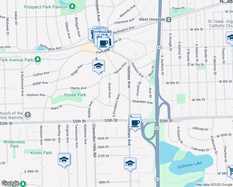 map of restaurants, bars, coffee shops, grocery stores, and more near 230 South Prospect Avenue in Clarendon Hills