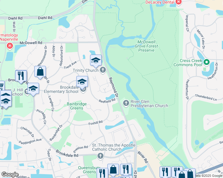 map of restaurants, bars, coffee shops, grocery stores, and more near 1309 Queensgreen Circle in Naperville