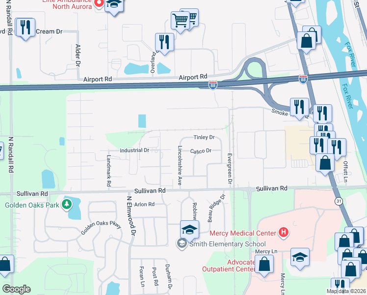 map of restaurants, bars, coffee shops, grocery stores, and more near 769 Calico Drive in Aurora