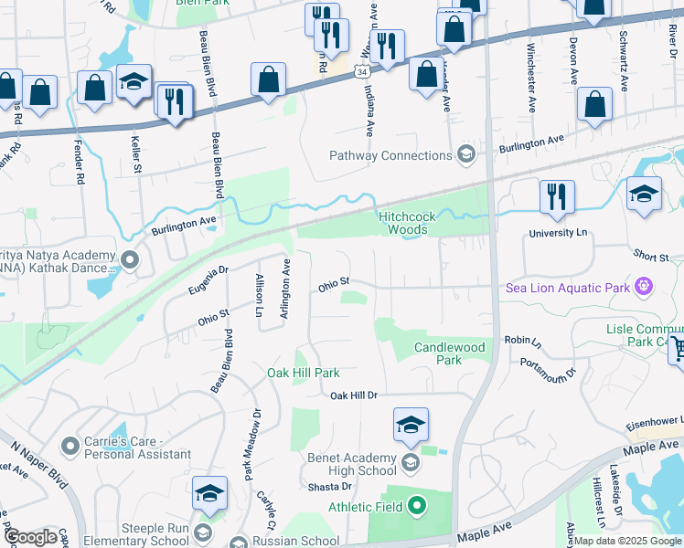 map of restaurants, bars, coffee shops, grocery stores, and more near 2352 Ohio Street in Lisle