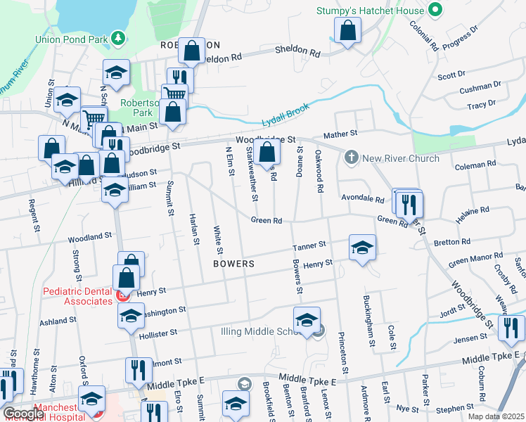 map of restaurants, bars, coffee shops, grocery stores, and more near 95 Starkweather Street in Manchester