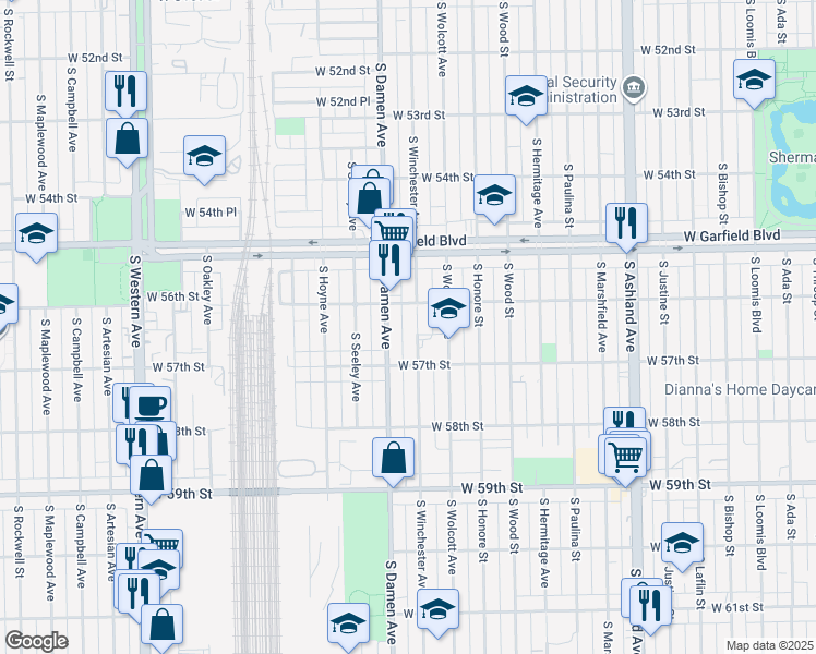 map of restaurants, bars, coffee shops, grocery stores, and more near 5618 South Winchester Avenue in Chicago