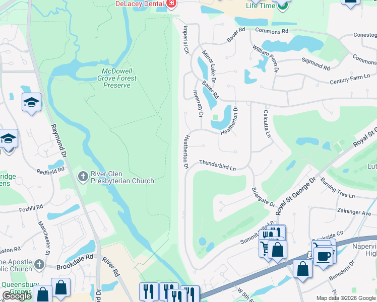map of restaurants, bars, coffee shops, grocery stores, and more near 1319 Heatherton Drive in Naperville