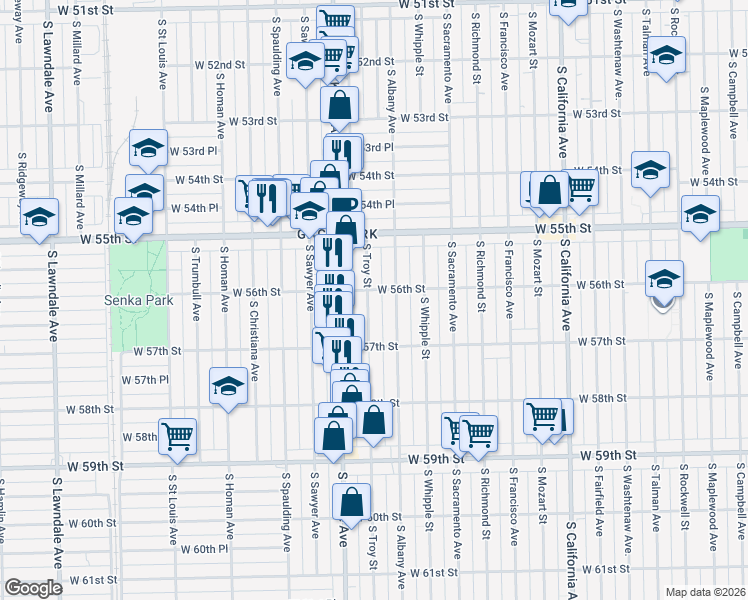 map of restaurants, bars, coffee shops, grocery stores, and more near 5607 South Troy Street in Chicago