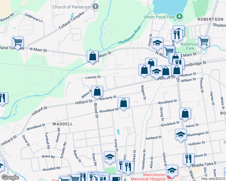 map of restaurants, bars, coffee shops, grocery stores, and more near 204 Hilliard Street in Manchester