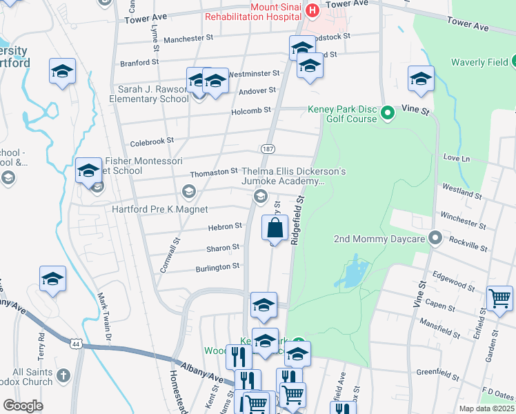 map of restaurants, bars, coffee shops, grocery stores, and more near 250 Blue Hills Avenue in Hartford