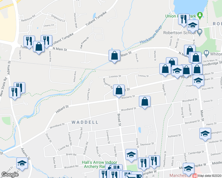 map of restaurants, bars, coffee shops, grocery stores, and more near 4 Margaret Road in Manchester