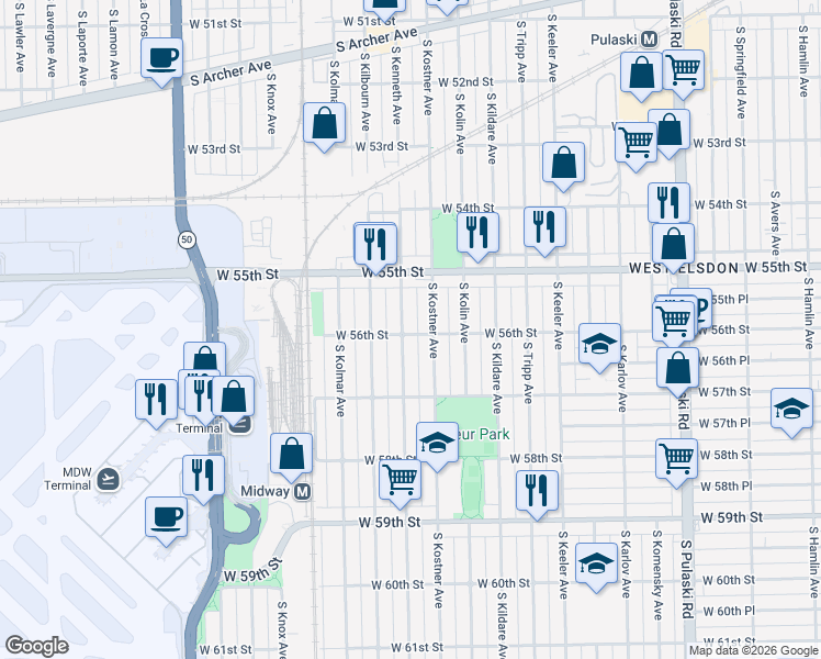 map of restaurants, bars, coffee shops, grocery stores, and more near 5559 South Kenneth Avenue in Chicago