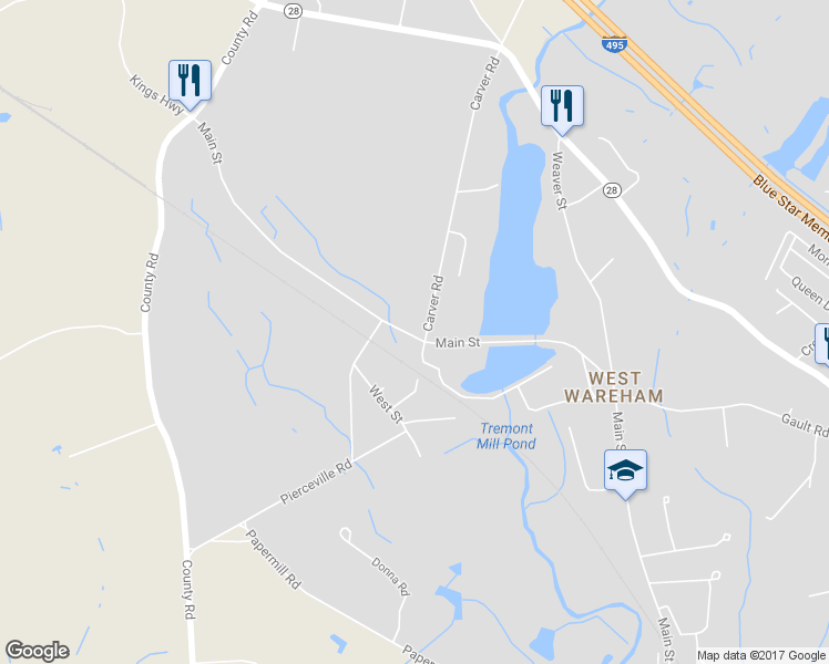 map of restaurants, bars, coffee shops, grocery stores, and more near 1089 Main Street in Wareham