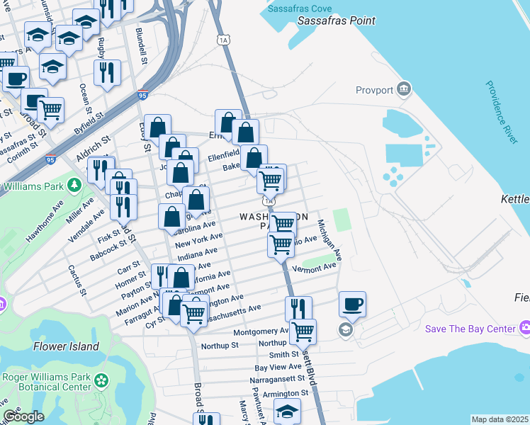 map of restaurants, bars, coffee shops, grocery stores, and more near 845 Allens Avenue in Providence
