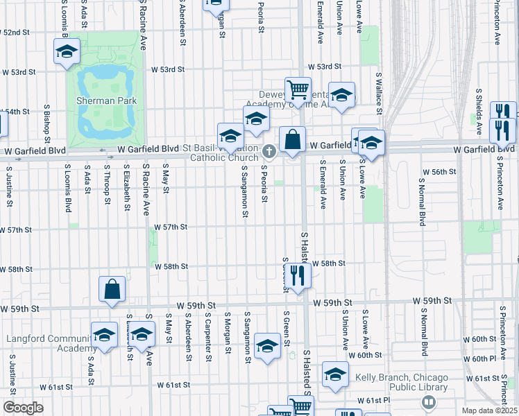 map of restaurants, bars, coffee shops, grocery stores, and more near 5632 South Peoria Street in Chicago