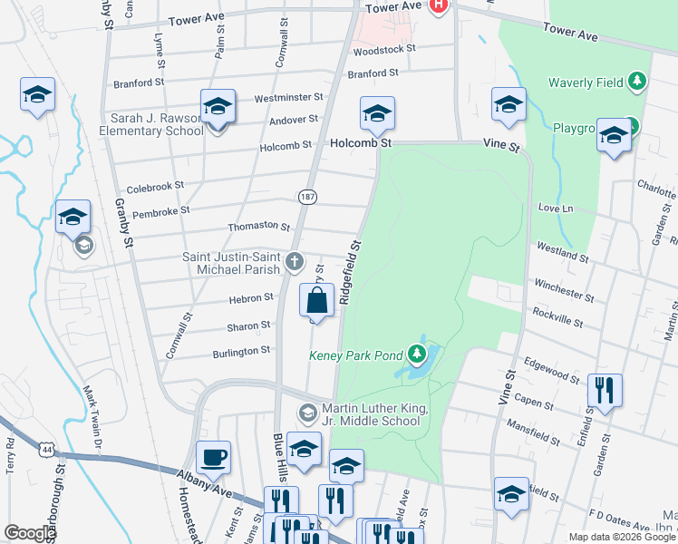 map of restaurants, bars, coffee shops, grocery stores, and more near 124 Canterbury Street in Hartford