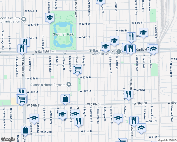 map of restaurants, bars, coffee shops, grocery stores, and more near 5628 South Aberdeen Street in Chicago