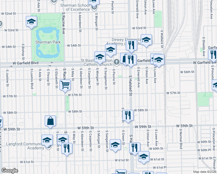 map of restaurants, bars, coffee shops, grocery stores, and more near 5632 South Peoria Street in Chicago
