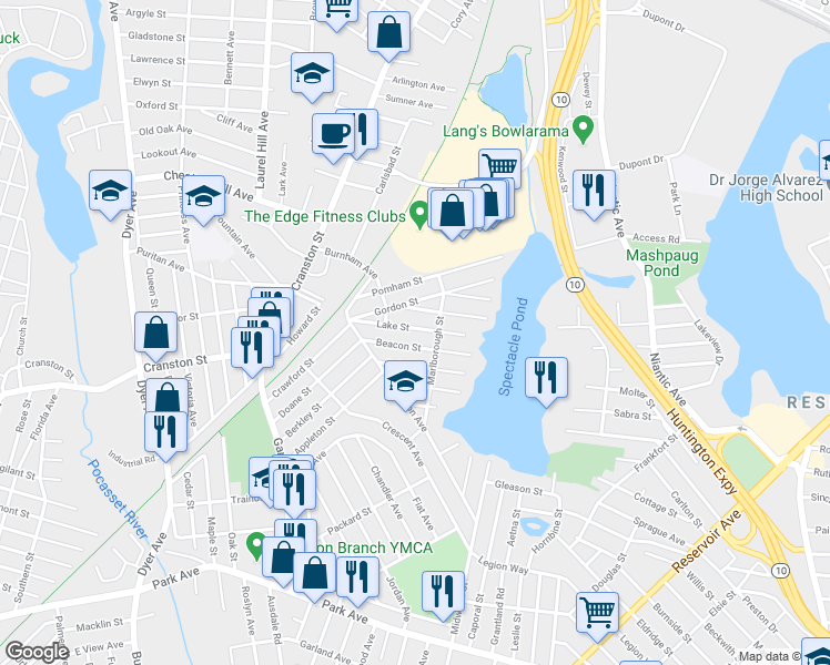 map of restaurants, bars, coffee shops, grocery stores, and more near 63 Lake St in Cranston