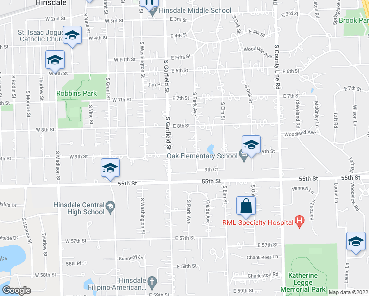 map of restaurants, bars, coffee shops, grocery stores, and more near 127 East 9th Street in Hinsdale