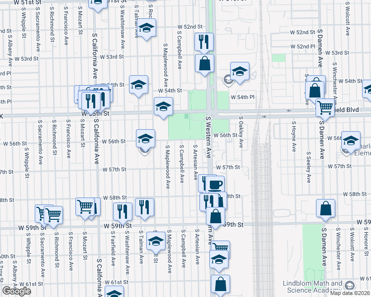 map of restaurants, bars, coffee shops, grocery stores, and more near 5628 South Artesian Avenue in Chicago
