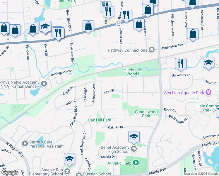 map of restaurants, bars, coffee shops, grocery stores, and more near 2352 Ohio Street in Lisle