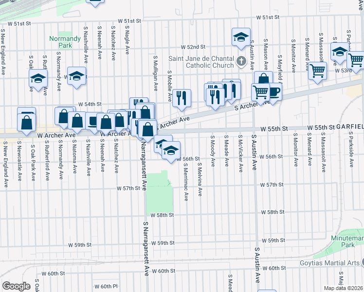 map of restaurants, bars, coffee shops, grocery stores, and more near 5530 South Merrimac Avenue in Chicago