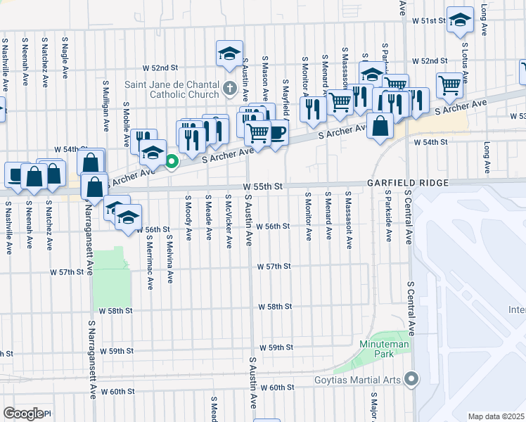 map of restaurants, bars, coffee shops, grocery stores, and more near 5536 South Mason Avenue in Chicago