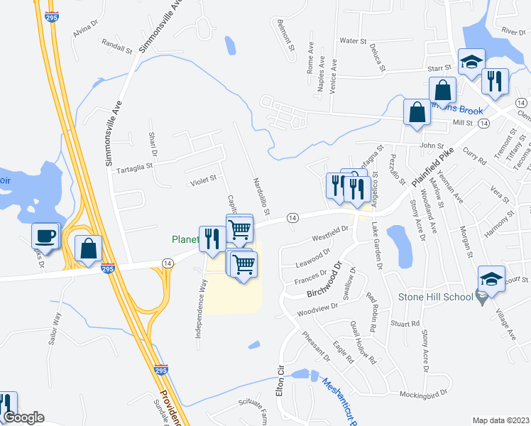 map of restaurants, bars, coffee shops, grocery stores, and more near 1709 1/2 Plainfield Pike in Johnston
