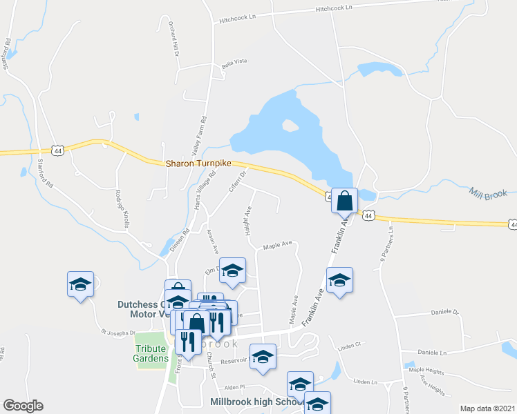 map of restaurants, bars, coffee shops, grocery stores, and more near 32 Haight Ave in Millbrook