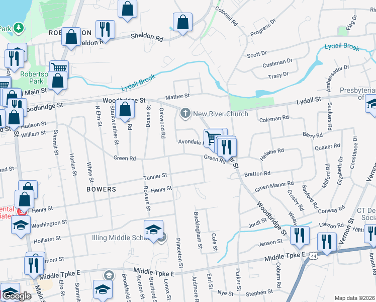 map of restaurants, bars, coffee shops, grocery stores, and more near 3 Robin Rd in Manchester