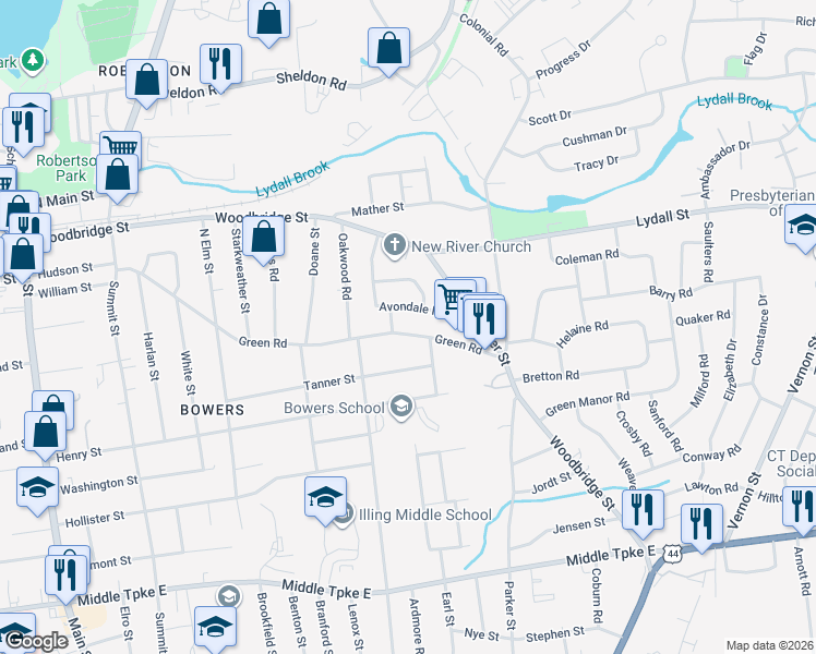 map of restaurants, bars, coffee shops, grocery stores, and more near 3 Robin Road in Manchester