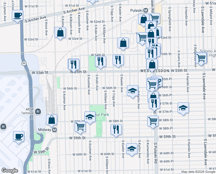 map of restaurants, bars, coffee shops, grocery stores, and more near 5554 South Kildare Avenue in Chicago