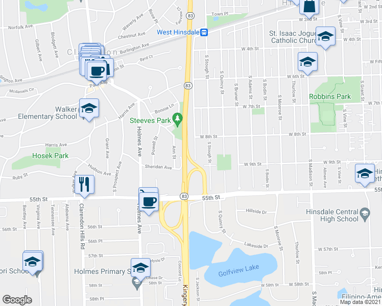 map of restaurants, bars, coffee shops, grocery stores, and more near 830 South Jackson Street in Hinsdale