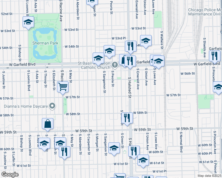 map of restaurants, bars, coffee shops, grocery stores, and more near 5632 South Peoria Street in Chicago