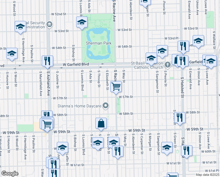 map of restaurants, bars, coffee shops, grocery stores, and more near 5629 South Elizabeth Street in Chicago