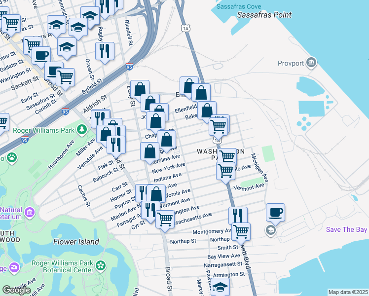 map of restaurants, bars, coffee shops, grocery stores, and more near 70 Virginia Avenue in Providence