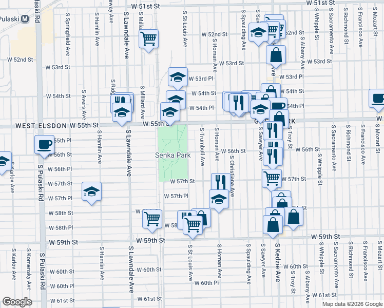 map of restaurants, bars, coffee shops, grocery stores, and more near 5601 South Saint Louis Avenue in Chicago