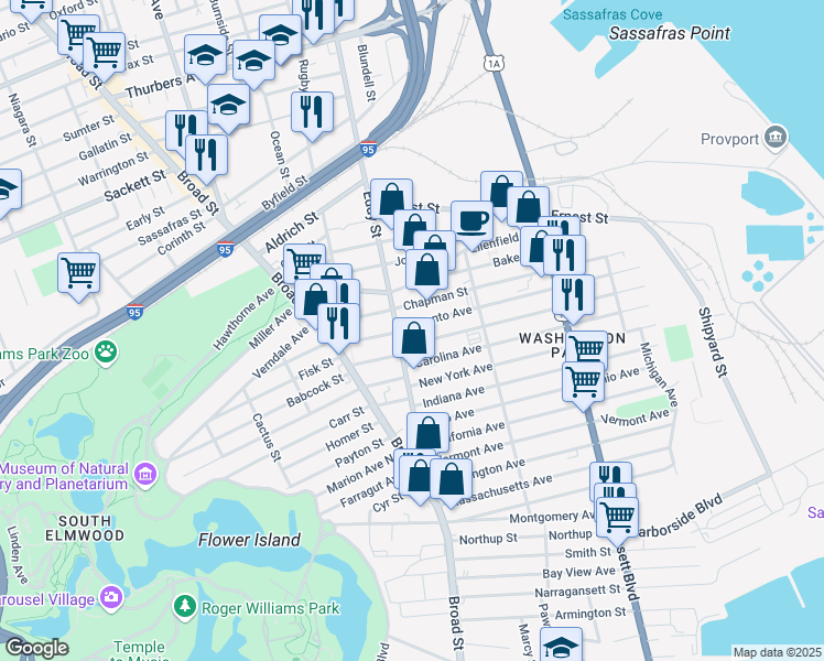 map of restaurants, bars, coffee shops, grocery stores, and more near 253 Georgia Avenue in Providence