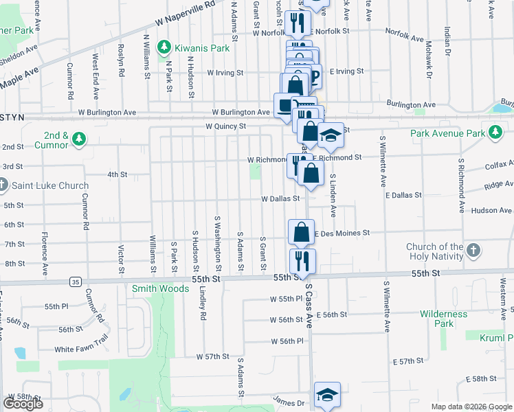 map of restaurants, bars, coffee shops, grocery stores, and more near 206 South Grant Street in Westmont