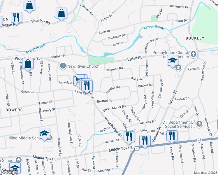 map of restaurants, bars, coffee shops, grocery stores, and more near 61 Helaine Road in Manchester